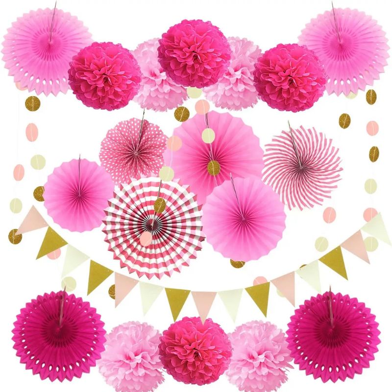 Décorations Festives Guirlande De Fleurs En Papier Avec Pompons Et Éventails