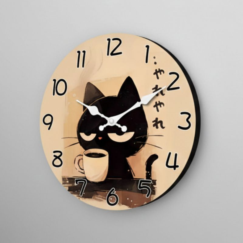 Horloge En Bois Murale Avec Illustration Chat Noir