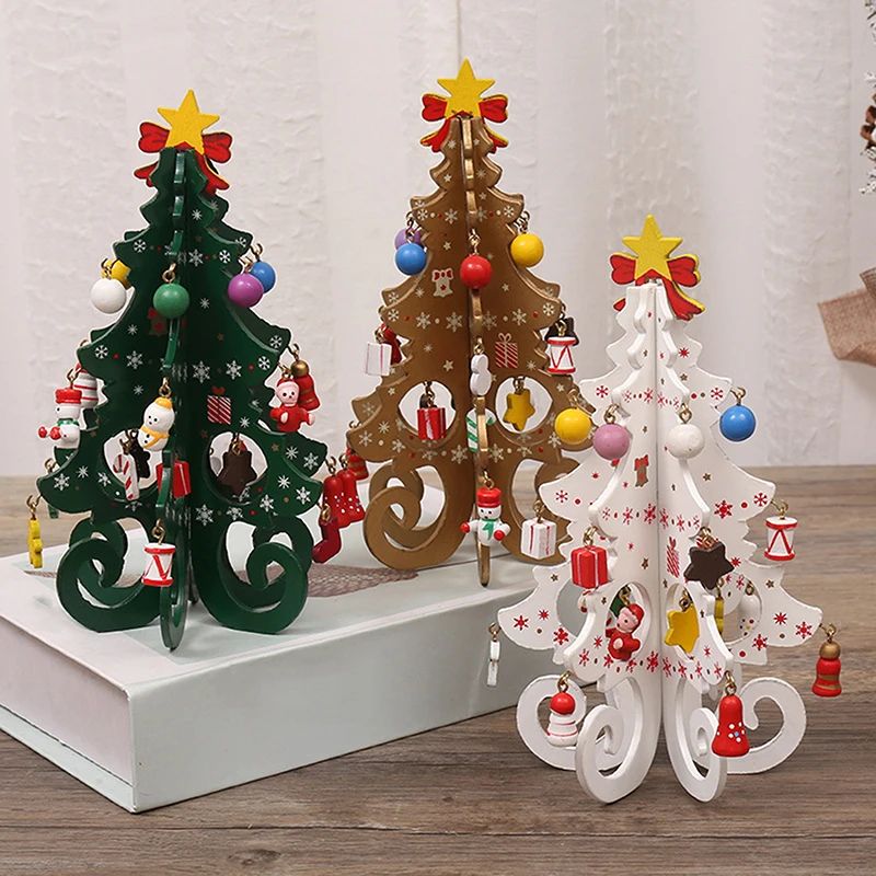 Mini Sapin de Noël en Bois Naturel avec Décorations
