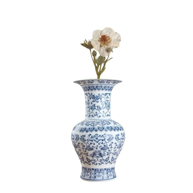 Vase en Porcelaine Bleu et Blanc avec Dessin de Lotus