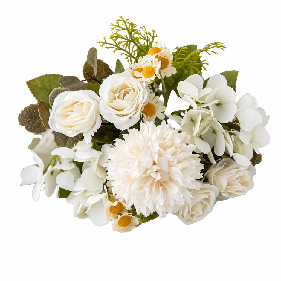 Fleur Artificielle Blanc Bouquet Champêtre Chic, bouquet blanc avec roses, hortensias et feuillage vert
