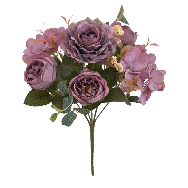 Fleur Artificielle Violet En Bouquet Avec Roses Et Hortensias, Fleur Artificielle Violet