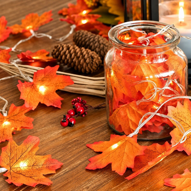 Guirlandes d’Intérieur Feuilles d’Érable LED Automne, lumières chaudes avec feuilles orange