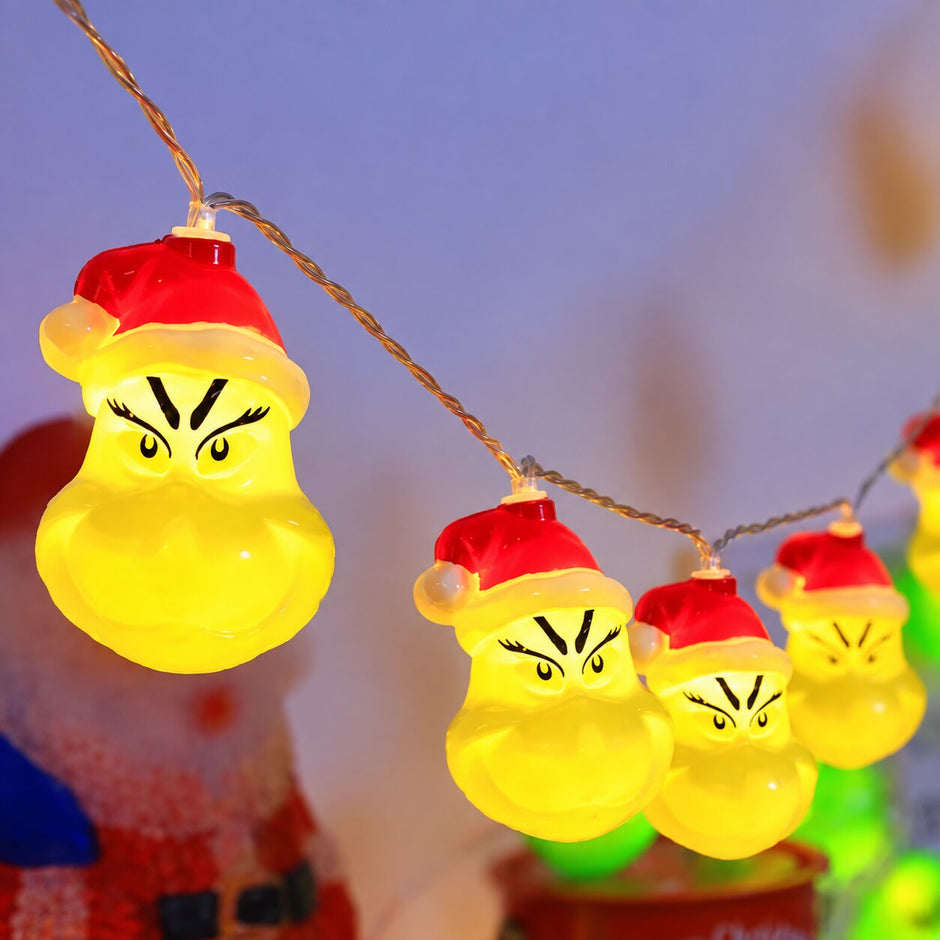 Guirlandes de Noël LED Grinch avec Chapeau Rouge, lumières jaunes en forme de Grinch