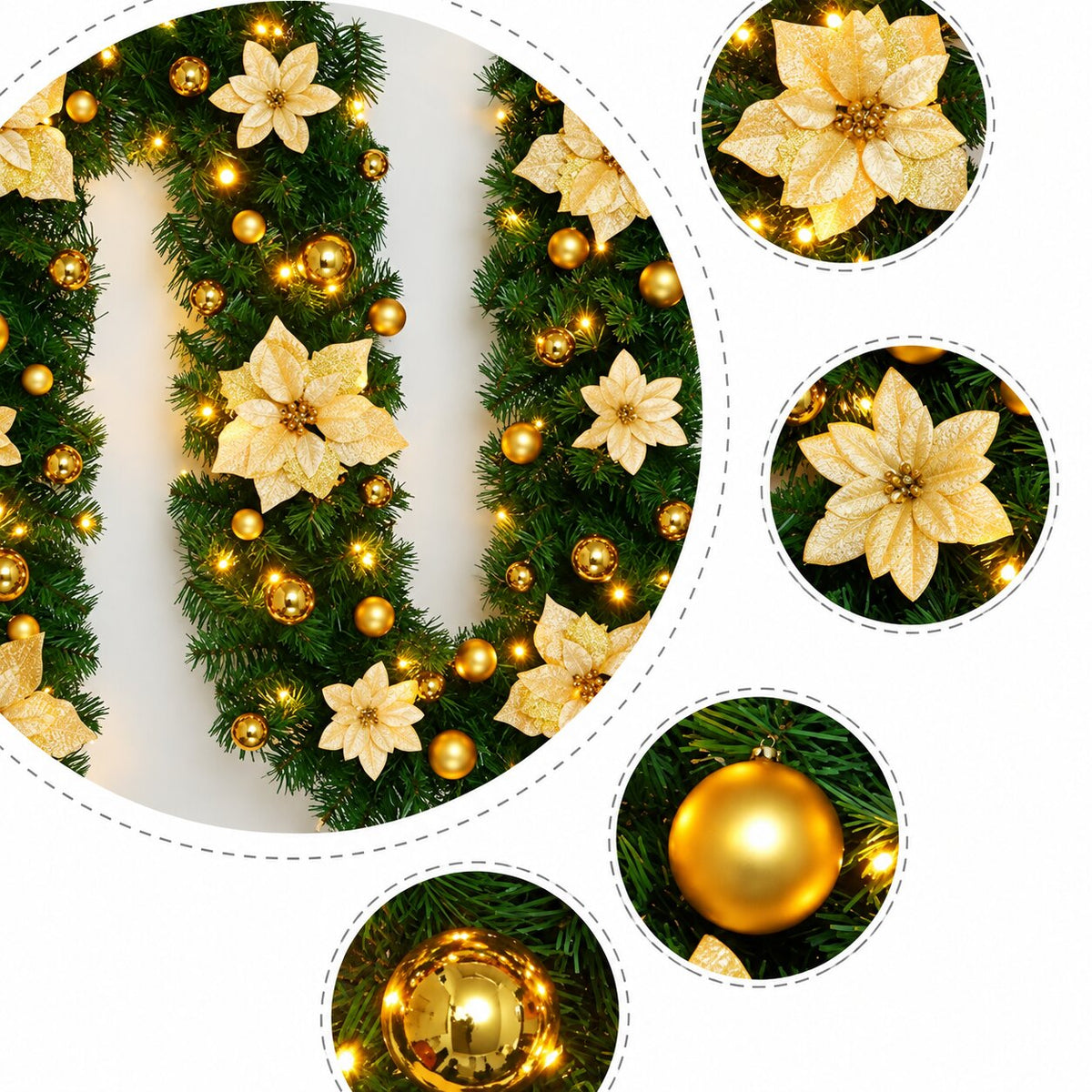 Guirlandes de Noël Lumineuses avec Boules et Fleurs Décoratives