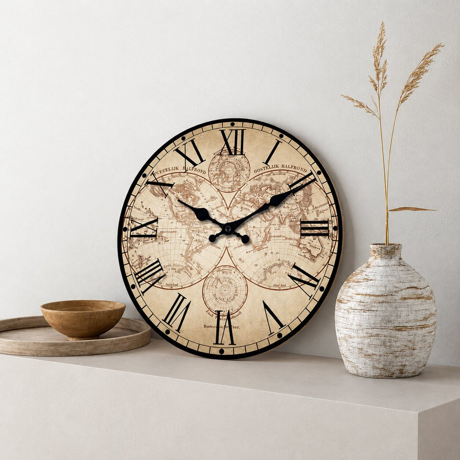 Horloge Monde En Bois Avec Design Carte Géographique Vintage