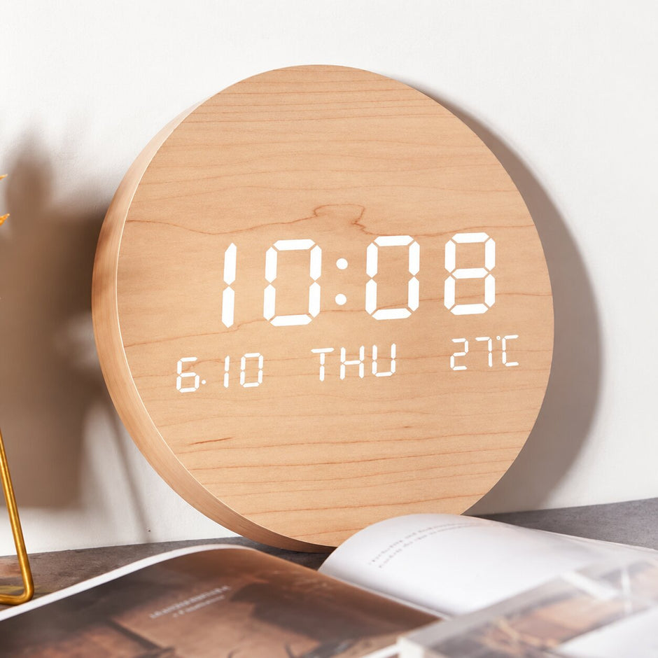 Horloge Murale Numérique LED Effet Bois