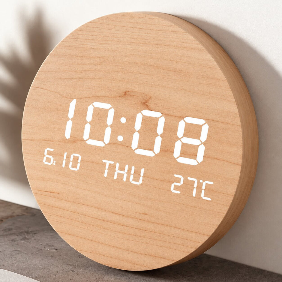 Horloge Murale Numérique LED Effet Bois