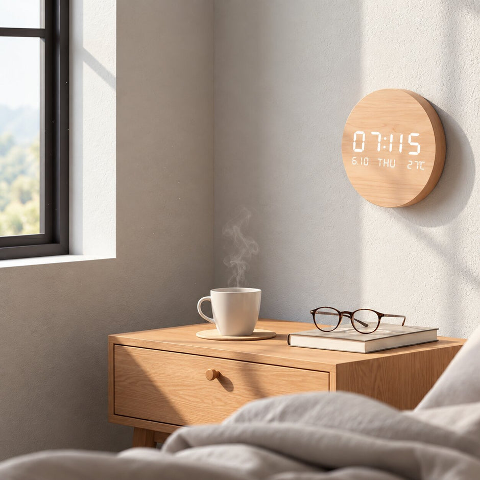 Horloge Murale Numérique LED Effet Bois