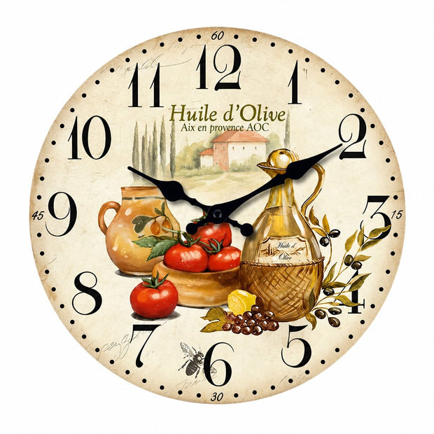 Horloge En Bois Décorative Avec Illustration Cuisine Méditerranéenne, cadran vintage avec huile d’olive et tomates