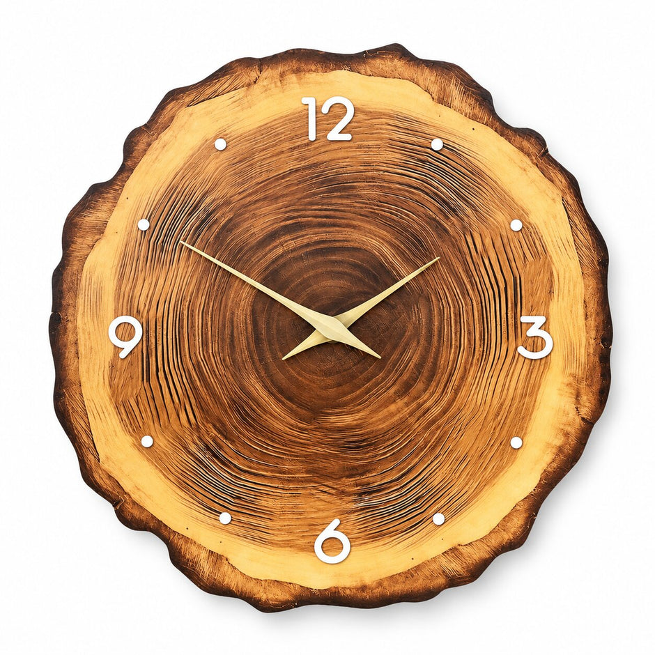 Horloge En Bois Murale Avec Effet Tranche De Bois Naturel, cadran rond imitation bois avec aiguilles dorées