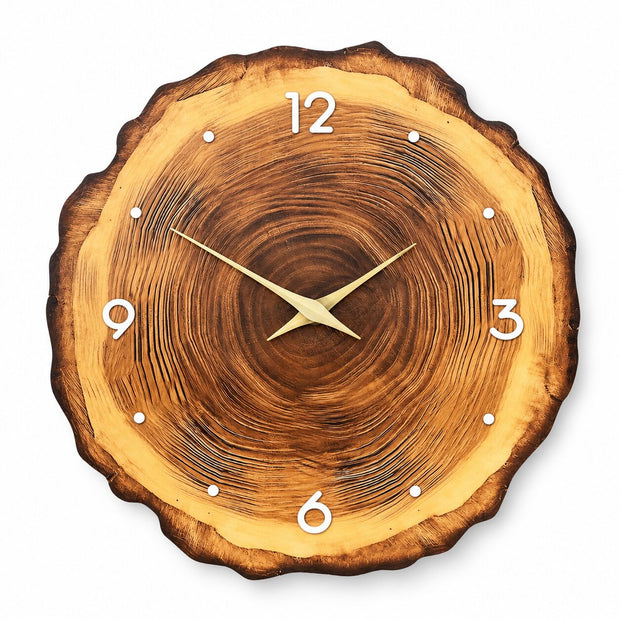 Horloge En Bois Murale Avec Effet Tranche De Bois Naturel, cadran rond imitation bois avec aiguilles dorées
