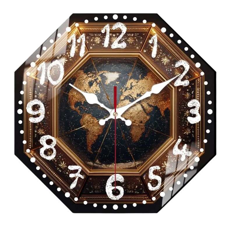 Horloge Monde Décorative Avec Design Octogonal, Horloge Monde 