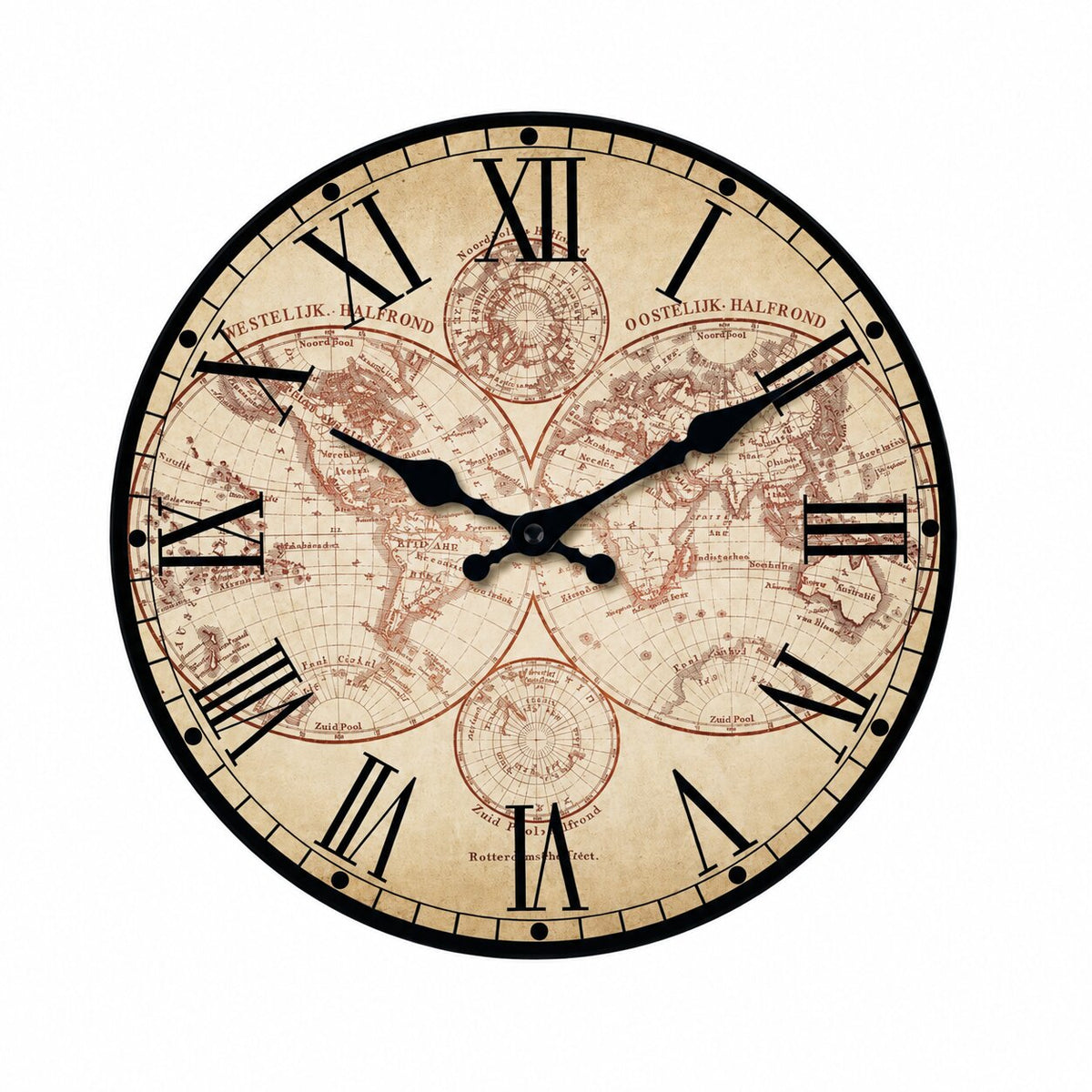 Horloge Monde En Bois Avec Design Carte Géographique Vintage, cadran beige à chiffres romains et carte du monde