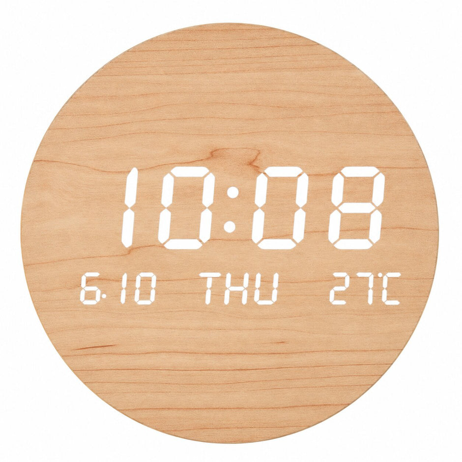Horloge Murale Numérique LED Effet Bois, affichage digital avec heure, date et température