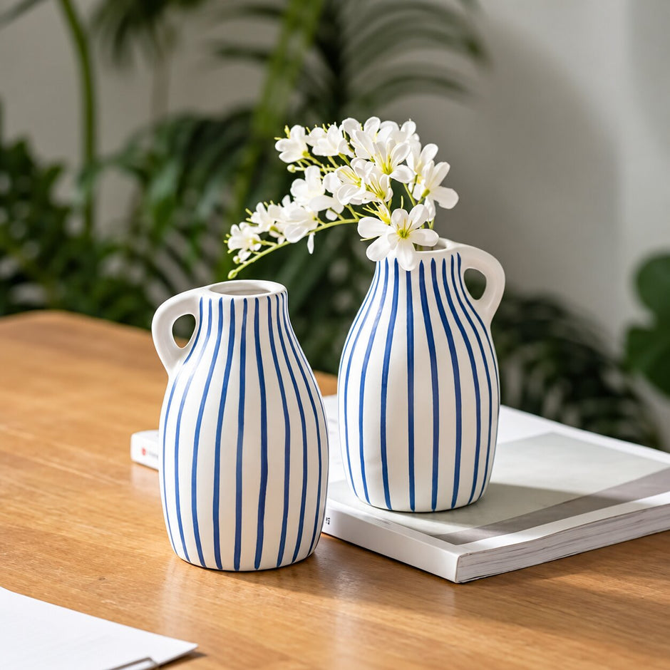 Mini Vase à Fleurs à Rayures Bleues