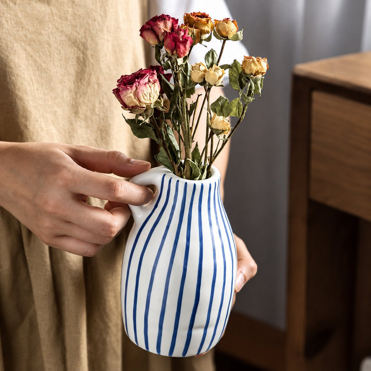 Mini Vase à Fleurs à Rayures Bleues