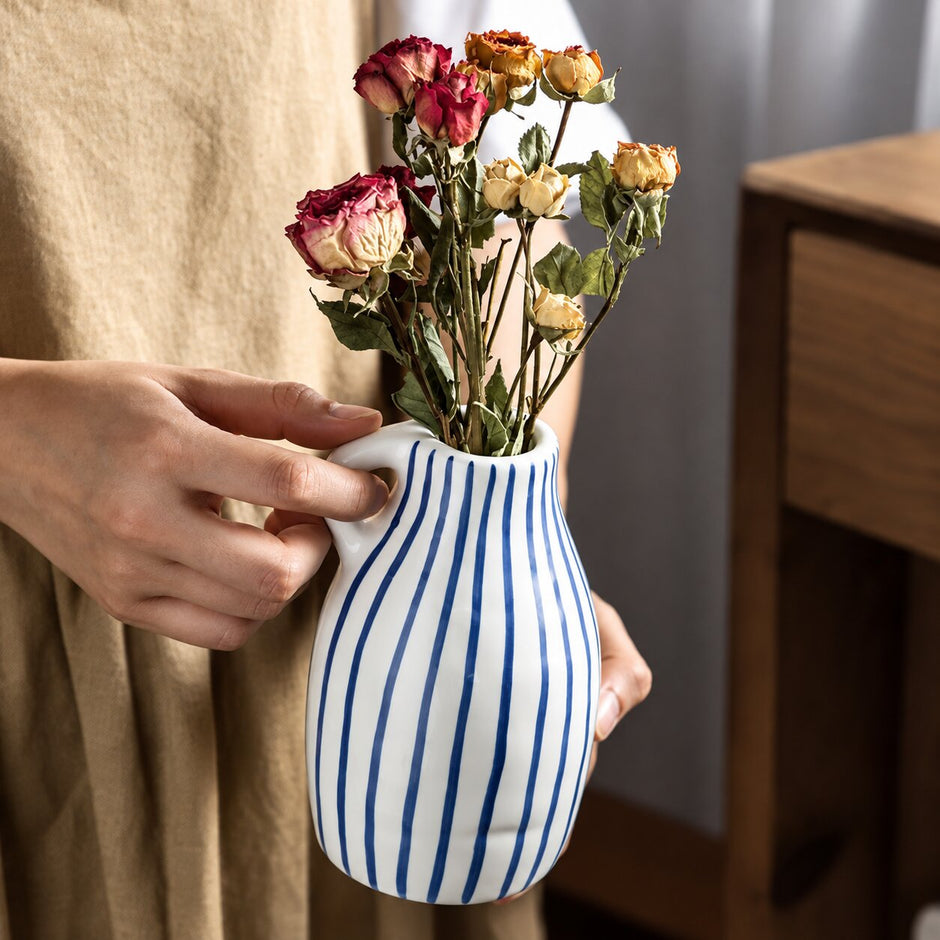 Mini Vase à Fleurs à Rayures Bleues