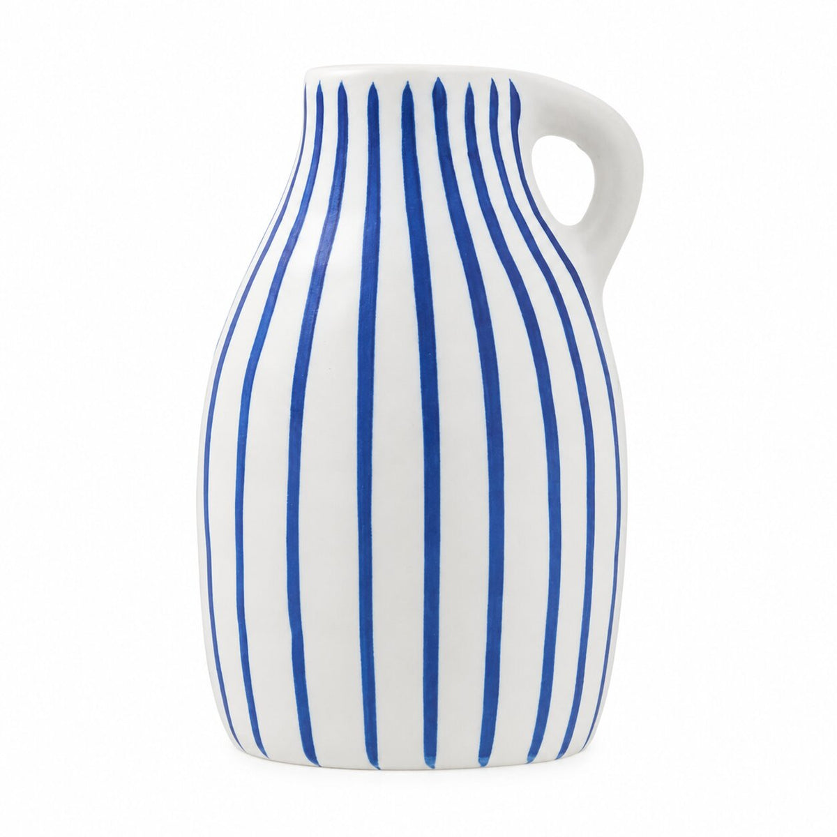 Mini Vase à Fleurs à Rayures Bleues, vase blanc avec anse et rayures verticales
