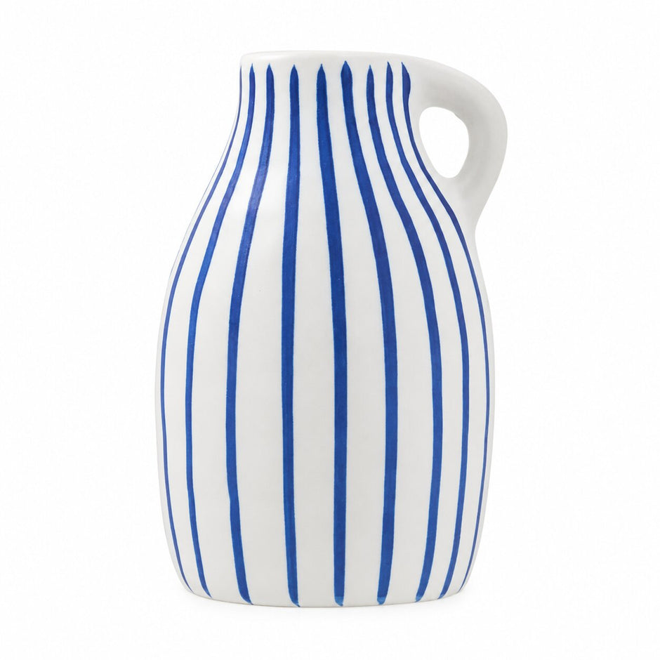 Mini Vase à Fleurs à Rayures Bleues, vase blanc avec anse et rayures verticales