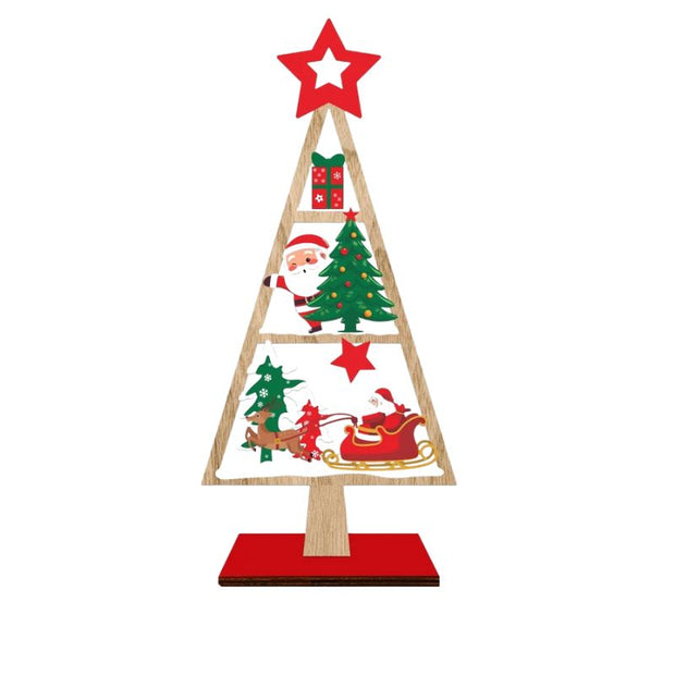 Sapin De Noël En Bois Avec Père Noël Et Traîneau Décoratif
