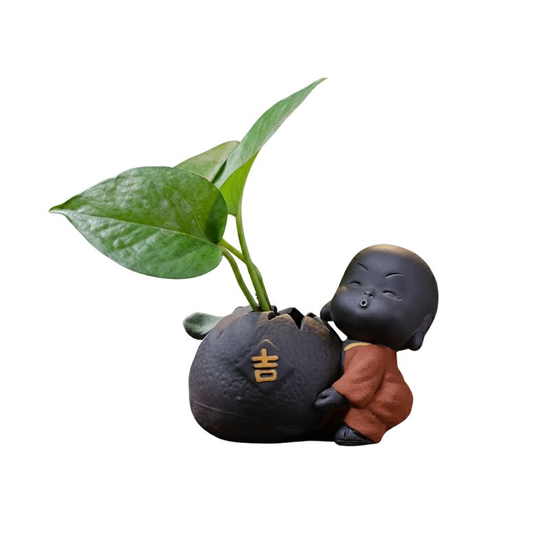 Sculpture En Argile Mini Moine Sourire Et Vase Ornemental, Sculpture En Argile
