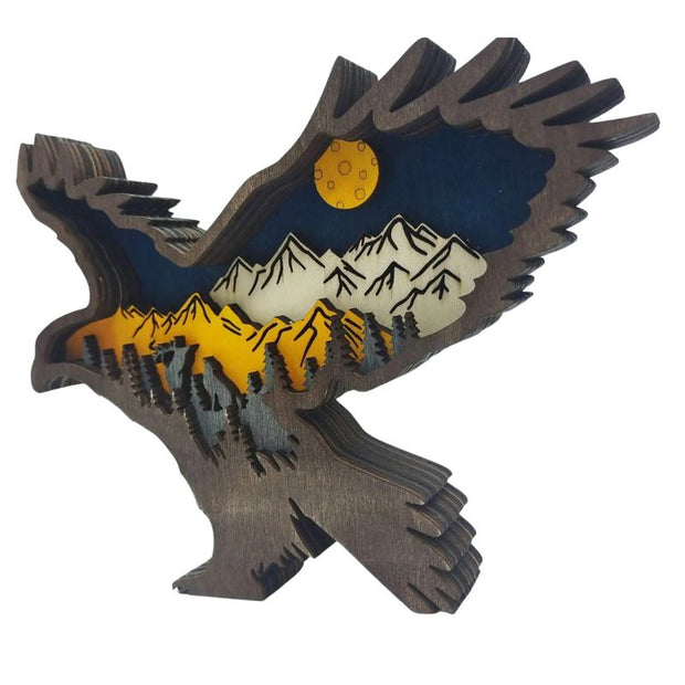 Sculpture En Bois Aigle En Vol Avec Paysage Montagne Et Lune, Sculpture En Bois 