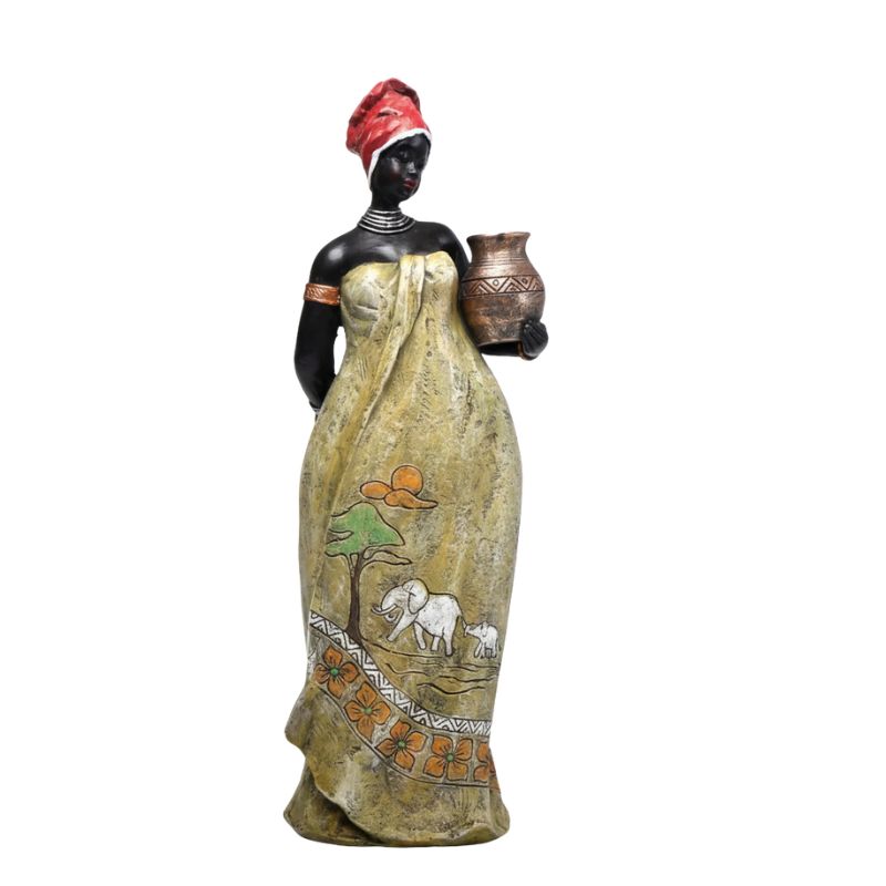 Sculpture Femme Africaine En Décoration Artisanale Avec Jarre, Sculpture Femme 