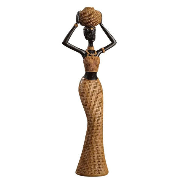 Sculpture Femme Africaine En Style Tribal Avec Panier Tressé, Sculpture Femme 