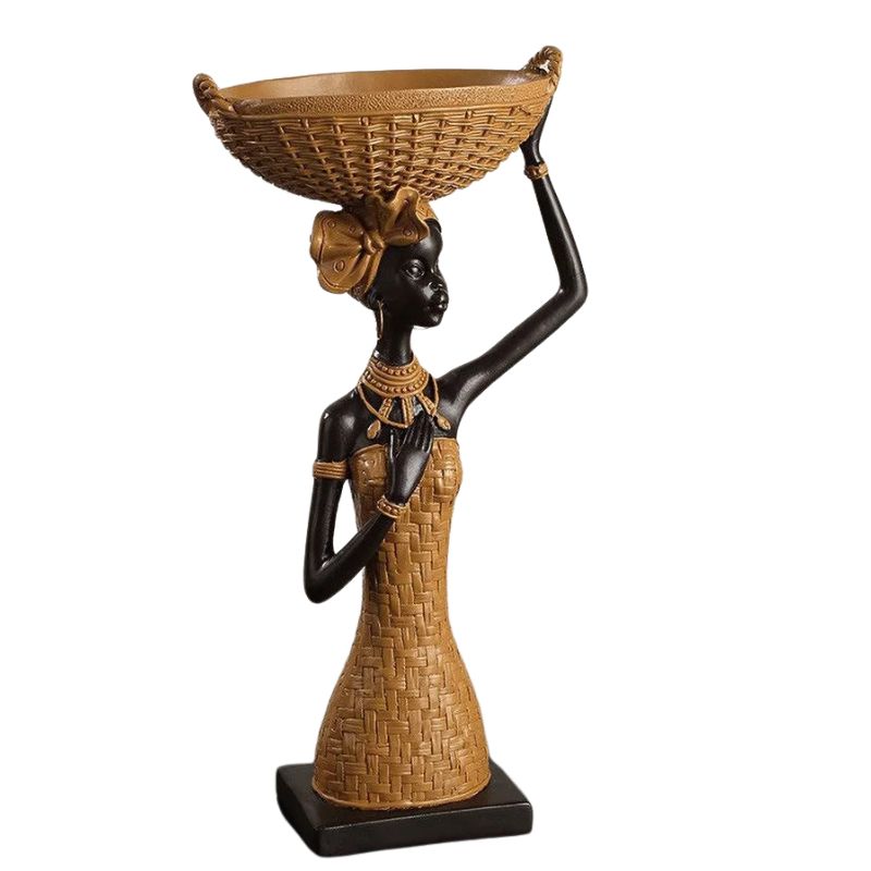 Sculpture Femme Élancée En Art Africain Avec Panier Sur La Tête, Sculpture Femme
