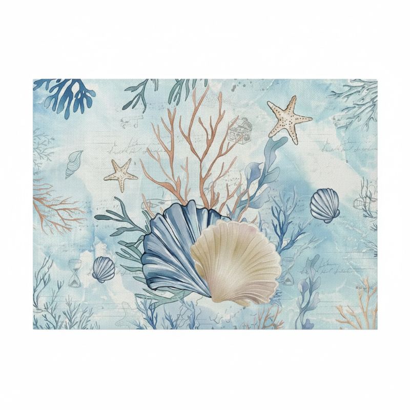 Set De Table En Lin Coquillages Marins Aquarelle, Set De Table En Lin 
