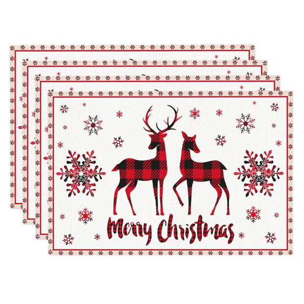 Set De Table En Lin De Noël Avec Rennes Et Flocons Rouges