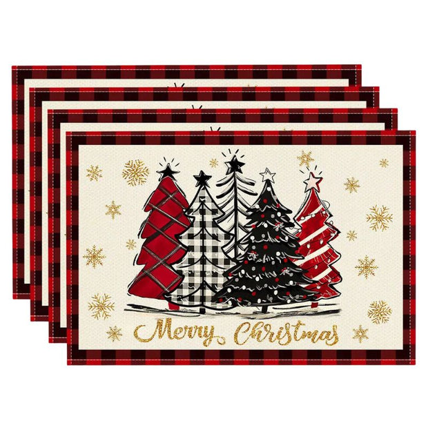 Set De Table En Lin De Noël Avec Sapins Et Flocons Brillants