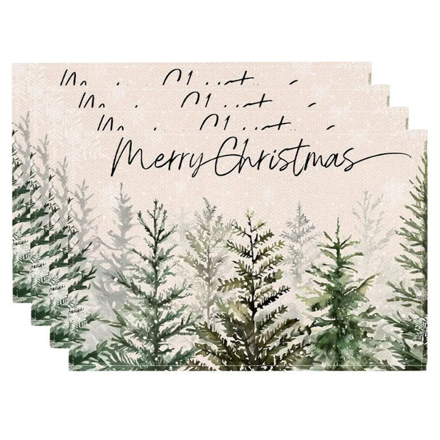 Set De Table En Lin Merry Christmas Avec Forêt De Sapins Élégante