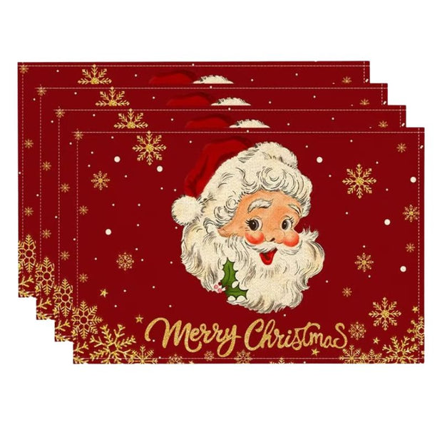 Set De Table En Lin Rouge Avec Père Noël Et Flocons Dorés