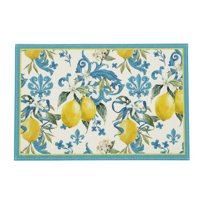Set De Table Lavable Motif Citron Et Fleurs Bleues Méditerranéen 4 Pièces
