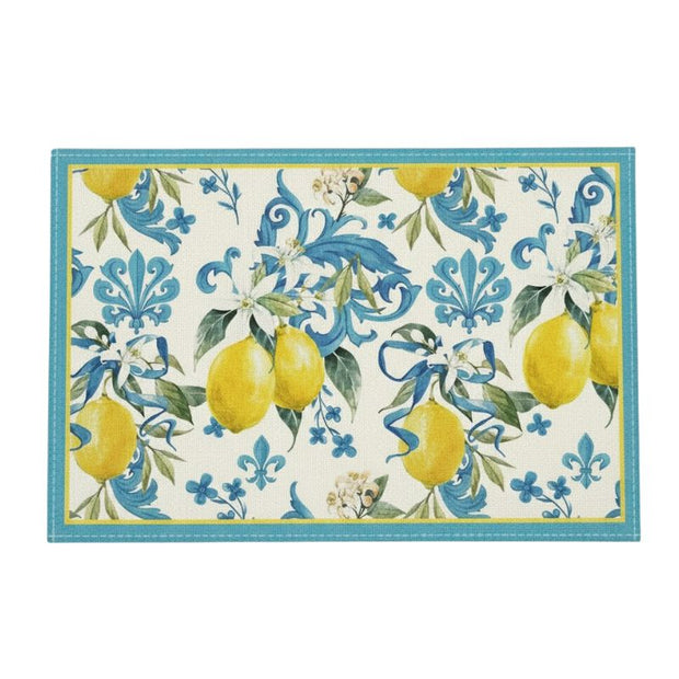 Set De Table Lavable Motif Citron Et Fleurs Bleues Méditerranéen 4 Pièces