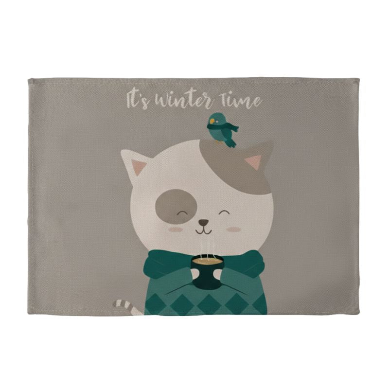 Set De Table en Lin Décoratif Chat Mignon D’Hiver, Set De Table en Lin 