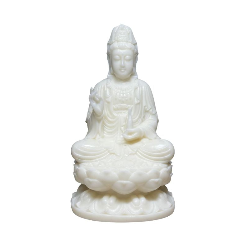 Statuette En Ivoire Moine Bouddhiste Avec Sceptre Et Lotus Sacré