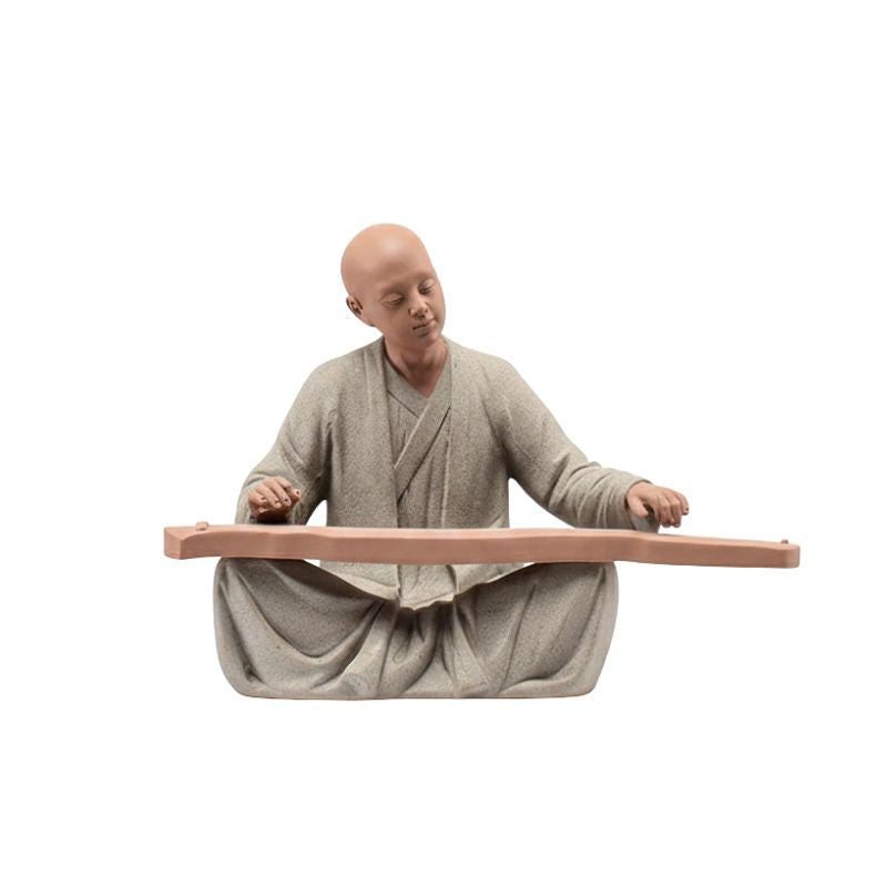 Statuette En Ivoire Moine Musicien Jouant Instrument Traditionnel