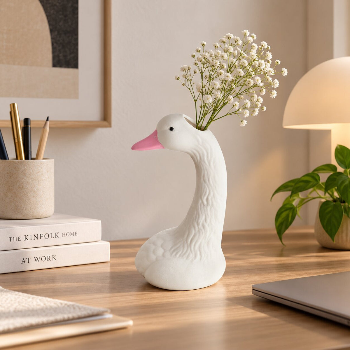 Vase Dessin Style Nordique Blanc en Forme de Tête d'Oie