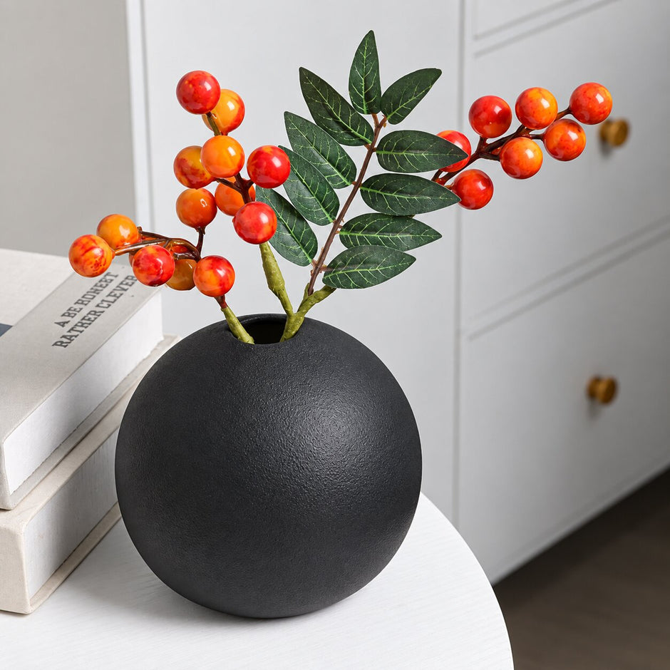 Vase Rond Noir en Céramique pour Fleurs Artificielles