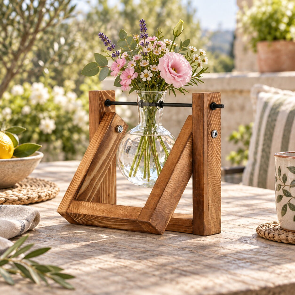 Vase Vintage en Verre et Bois Pour Plantes Hydroponiques