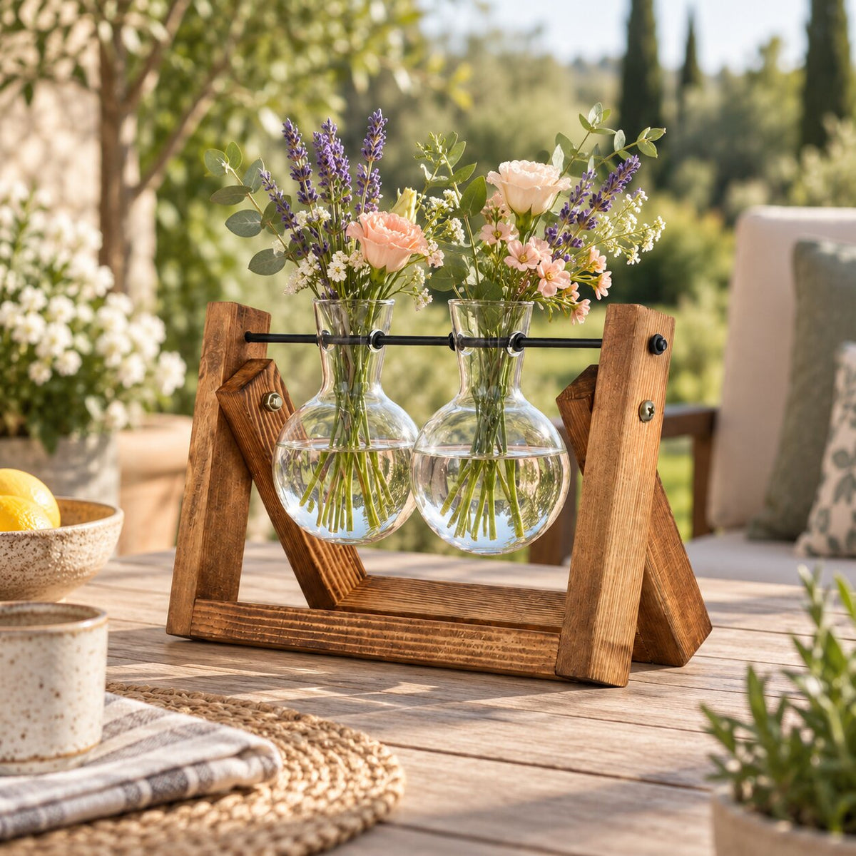 Vase Vintage en Verre et Bois Pour Plantes Hydroponiques