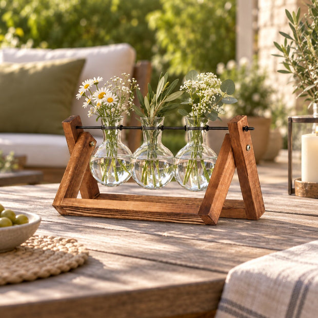 Vase Vintage en Verre et Bois Pour Plantes Hydroponiques