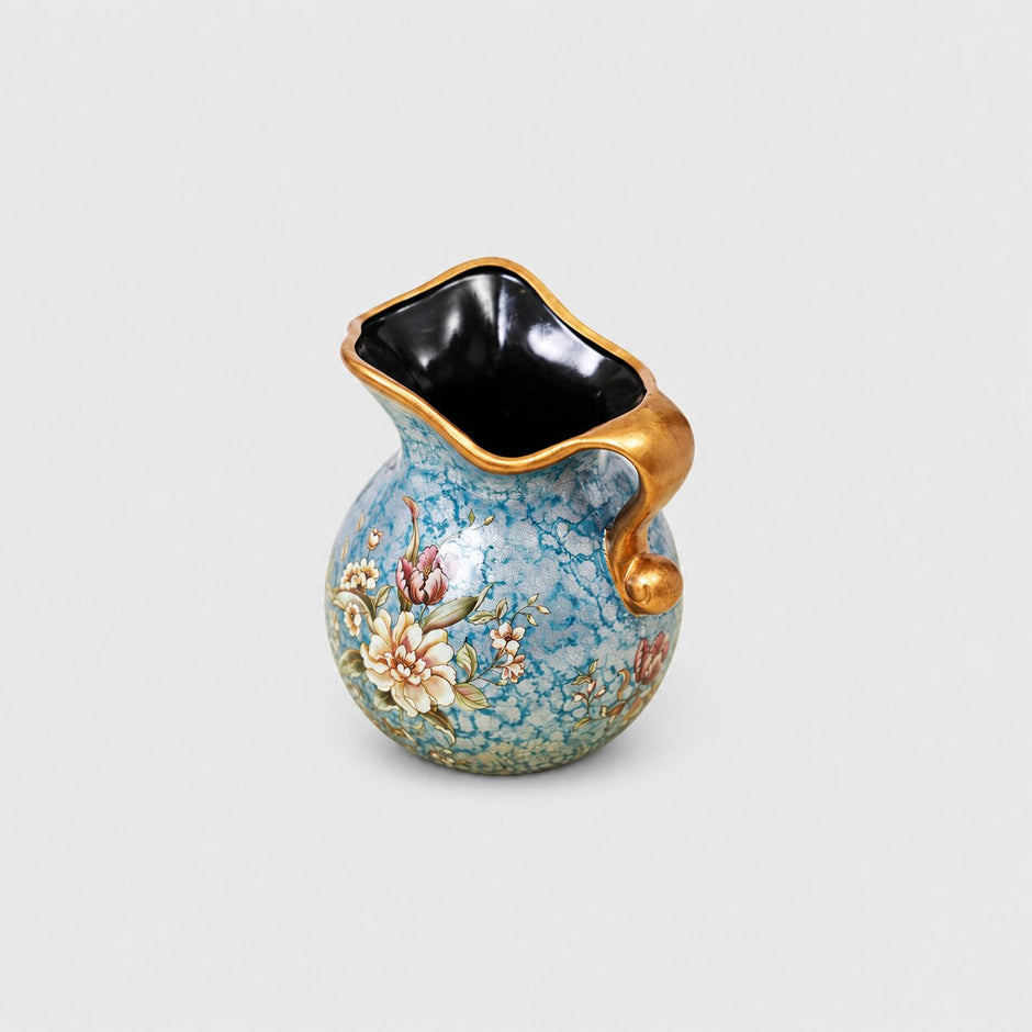 Vase Dessin à Motif Fleurs Colorées, vase bleu et doré à motifs floraux