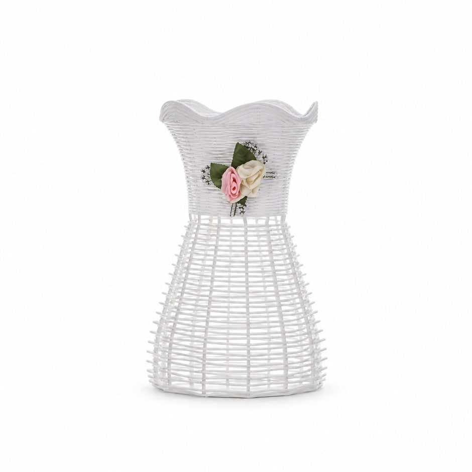 Vase Fleur en Rotin Artificiel Blanc, vase tressé blanc avec fleurs décoratives