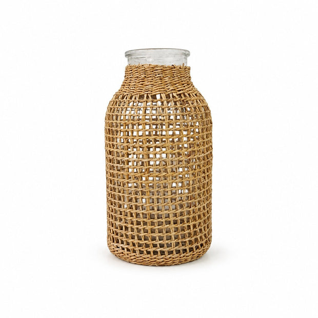 Vase à Fleurs en Osier Style Rétro, vase tressé avec récipient en verre