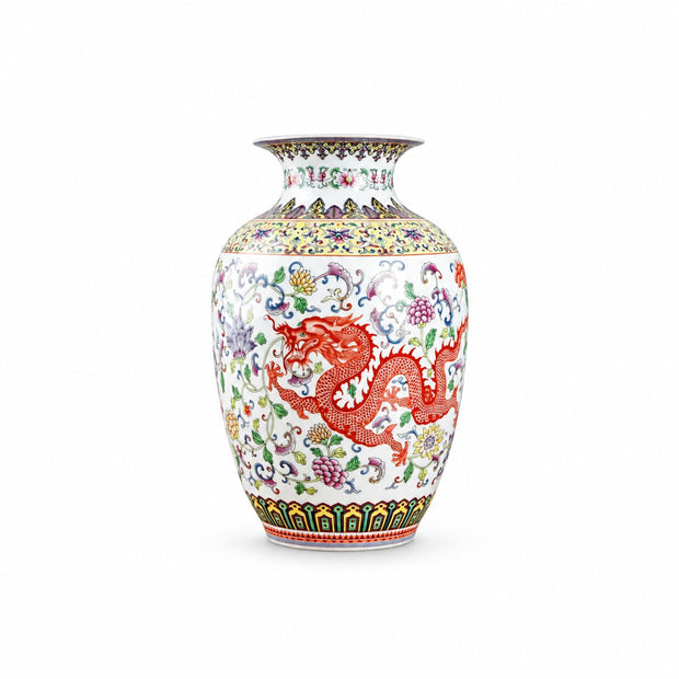 Vase Ming en Céramique Émaillée Dragon et Phoenix, vase blanc à motifs colorés et dragon rouge