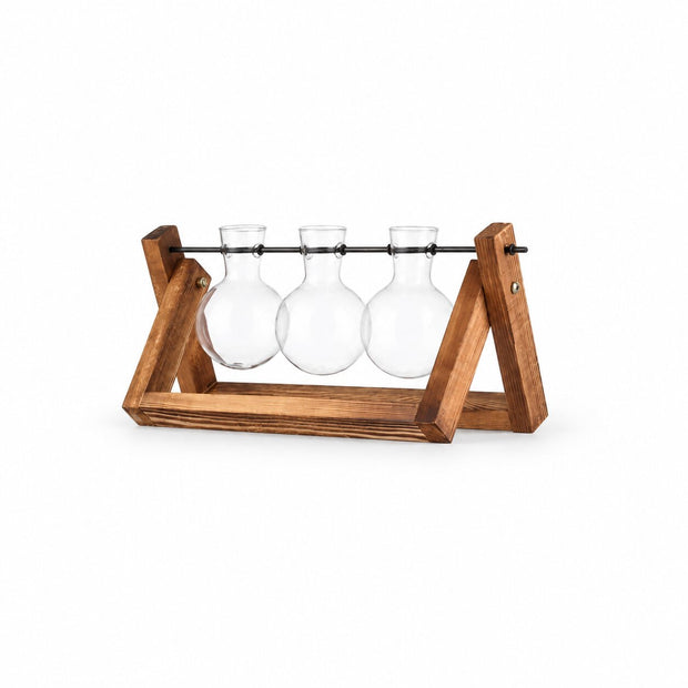Vase Vintage en Verre et Bois pour Plantes Hydroponiques, support avec trois fioles transparentes